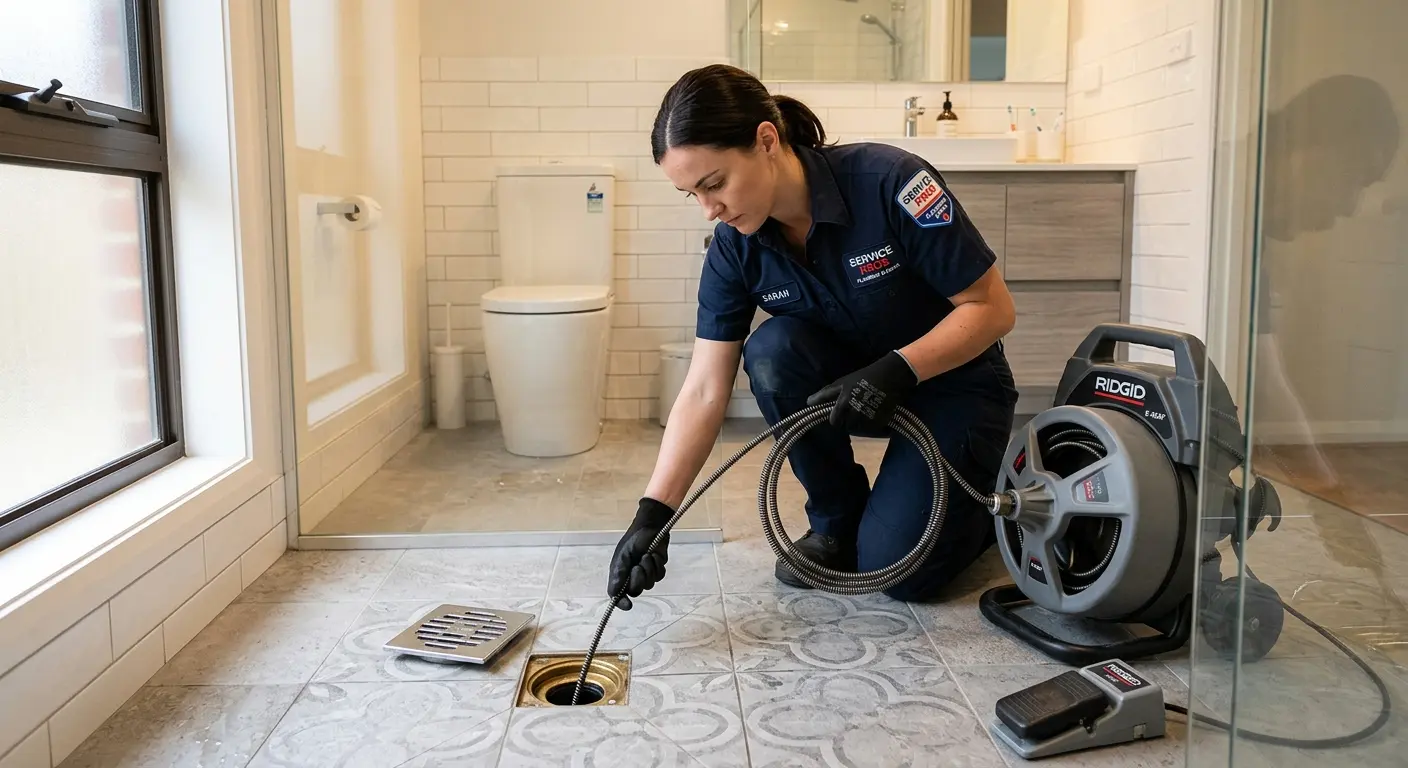 Technician clearing a bathroom floor drain for Sewer Line Installation in Fairmount